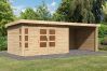 Karibu Gartenhaus KASTORF 7 im Set mit Anbaudach 3,2 m Breite und 28 mm Rückwand + Seitenwand naturbelassen 28mm Wandstärke