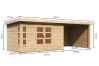 Karibu Gartenhaus KASTORF 7 im Set mit Anbaudach 3,2 m Breite und 28 mm Rückwand + Seitenwand naturbelassen 28mm Wandstärke