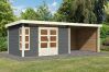 Karibu Gartenhaus KASTORF 7 im Set mit Anbaudach 3,2 m Breite und 28 mm Rückwand + Seitenwand terragrau 28mm Wandstärke