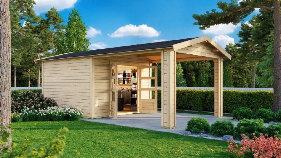 Karibu Gartenhaus THERES 3 im Set mit 1 Dachausbauelement naturbelassen 28mm Wandstärke
