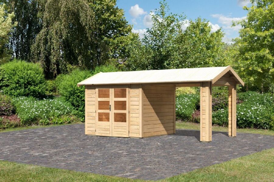 Karibu Gartenhaus THERES 3 im Set mit 1 Dachausbauelement naturbelassen 28mm Wandstärke