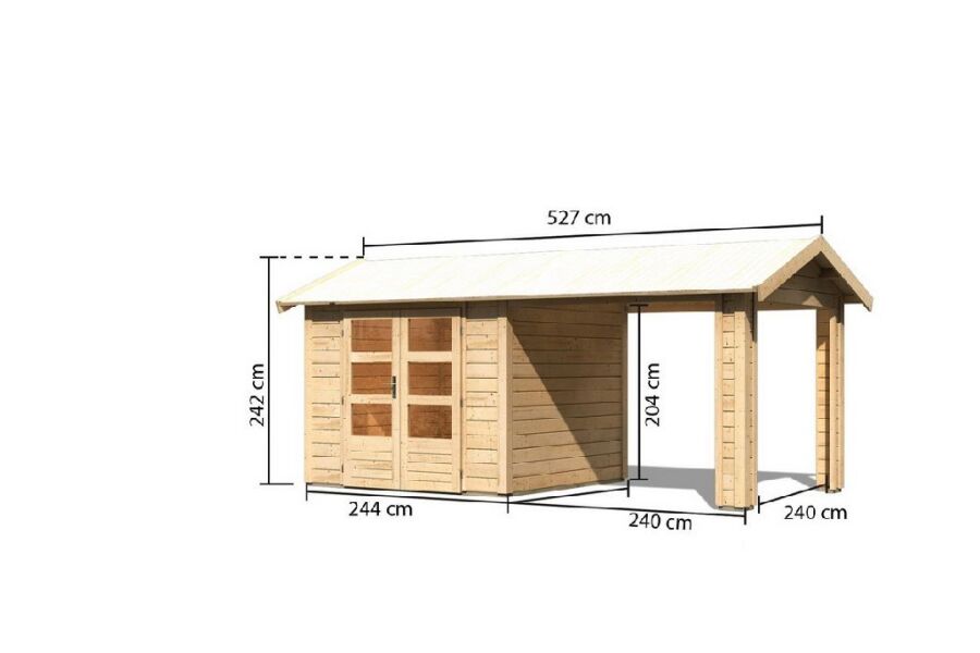 Karibu Gartenhaus THERES 3 im Set mit 1 Dachausbauelement naturbelassen 28mm Wandstärke