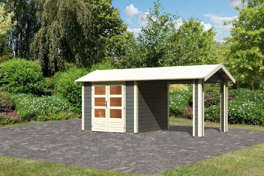 Karibu Gartenhaus THERES 3 im Set mit 1 Dachausbauelement terragrau 28mm Wandstärke