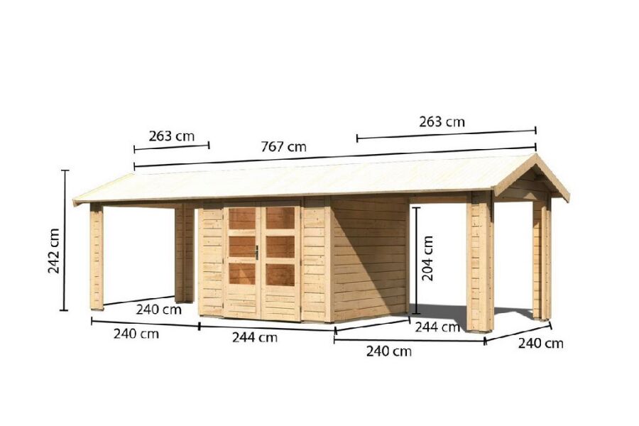 Karibu Gartenhaus THERES 3 im Set mit 2 Dachausbauelementen naturbelassen 28mm Wandstärke