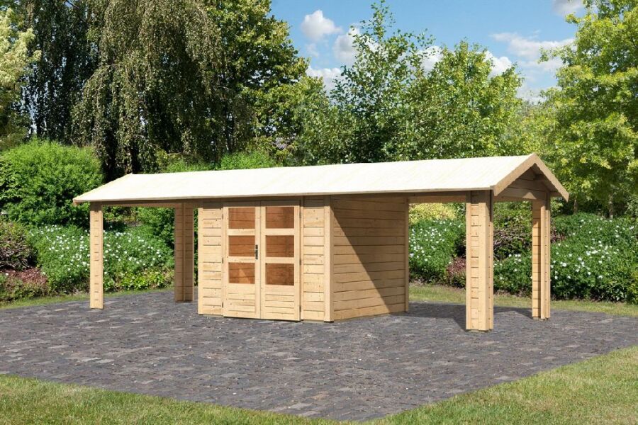 Karibu Gartenhaus THERES 3 im Set mit 2 Dachausbauelementen naturbelassen 28mm Wandstärke