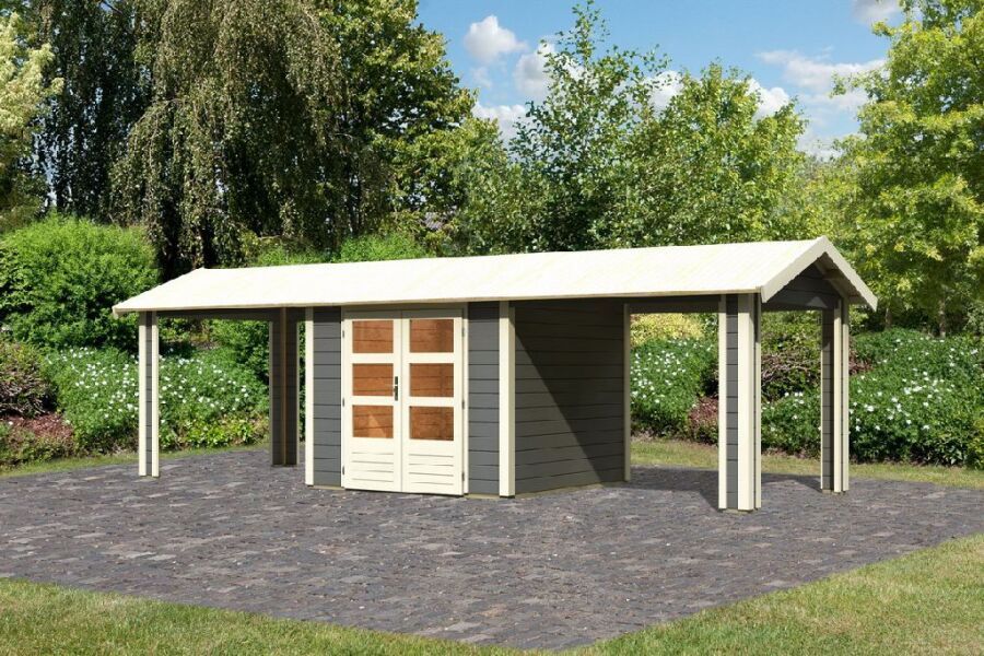 Karibu Gartenhaus THERES 3 im Set mit 2 Dachausbauelementen terragrau 28mm Wandstärke