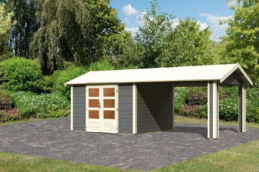 Karibu Gartenhaus THERES 7 im Set mit 1 Dachausbauelement terragrau 28mm Wandstärke
