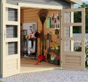 Karibu Gartenhaus THERES 7 im Set mit 1 Dachausbauelement terragrau 28mm Wandstärke