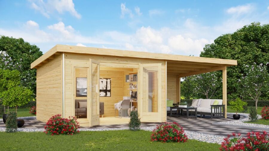 Karibu Gartenhaus RADEBURG 2 im Set 3,3 m Anbaudach und Rückwand naturbelassen 40mm Wandstärke