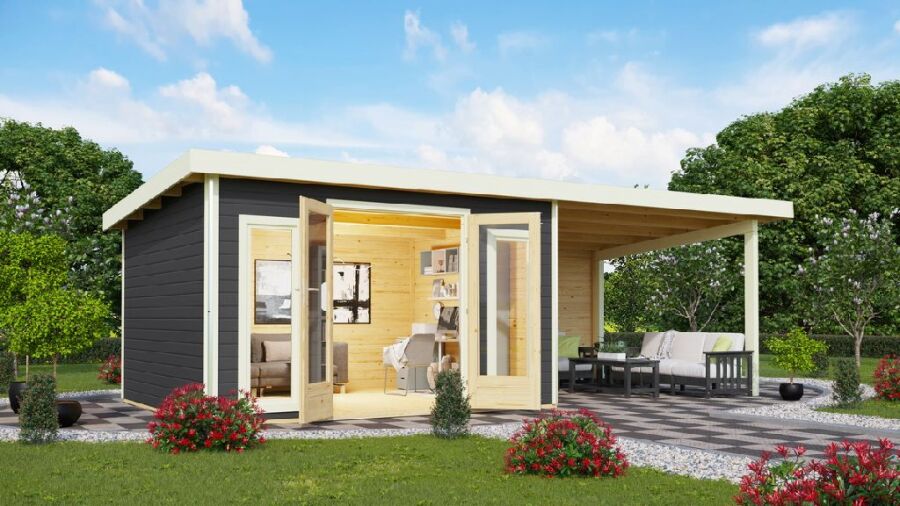 Gartenhaus RATZEBURG 1 terragrau 369x309cm im Set 3,3 m Anbaudach und Rückwand, 40mm Doppelnut, Chrom Line Ecke, ohne Boden +AKTION+