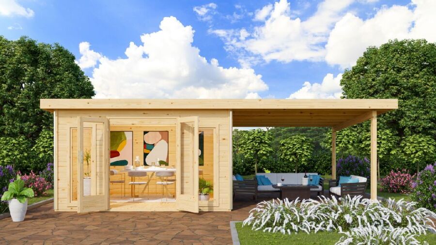 Karibu Gartenhaus RADEBURG 3 im Set 3,3 m Anbaudach naturbelassen 40mm Wandstärke