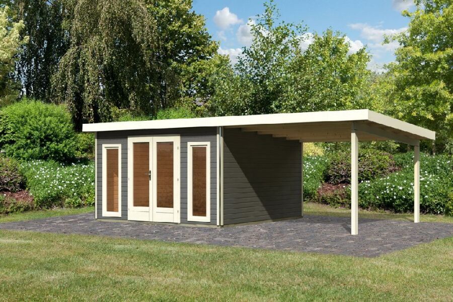 Karibu Gartenhaus RADEBURG 3 im Set 3,3 m Anbaudach terragrau 40mm Wandstärke