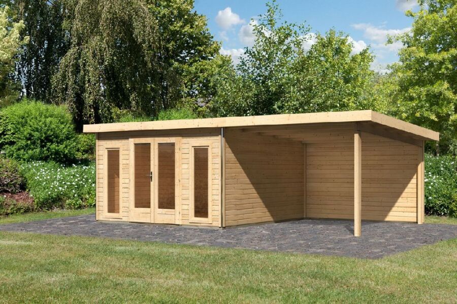 Karibu Gartenhaus RADEBURG 3 im Set 3,3 m Anbaudach und Rückwand naturbelassen 40mm Wandstärke