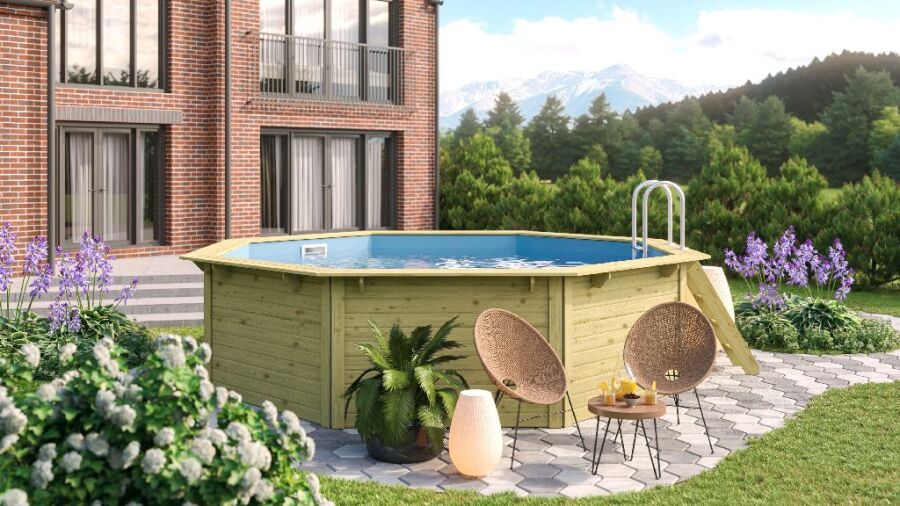 Karibu Pool Modell Variante 2 X Poolgrundkörper inkl. Vlies, Folie BLAU, kdi Holzdeck und Edelstahlleiter, KESSELDRUCKIMPRÄGNIERT