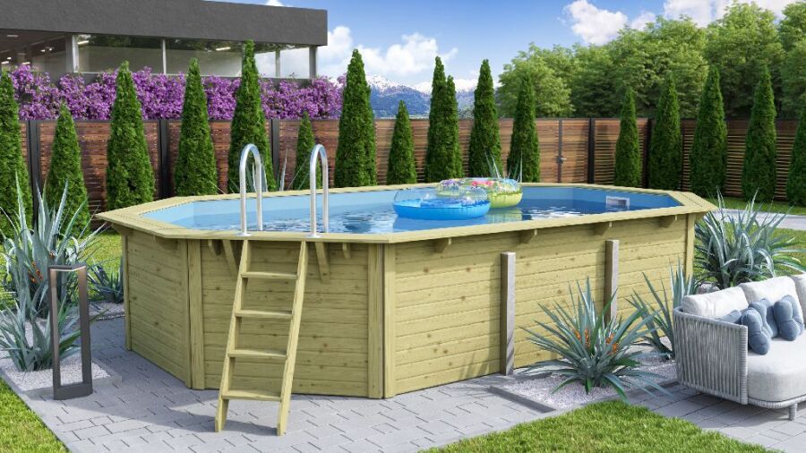 Karibu Pool Modell Variante 4 X Poolgrundkörper inkl. Vlies, Folie BLAU, kdi Holzdeck und Edelstahlleiter, KESSELDRUCKIMPRÄGNIERT
