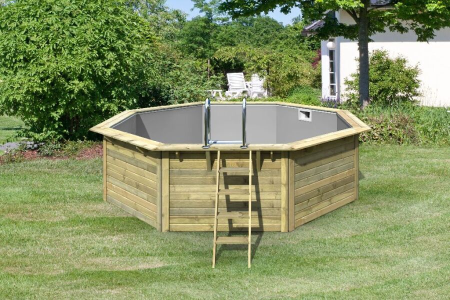 Karibu Pool Modell Variante 2 X Poolgrundkörper inkl. Vlies, Folie GRAU, kdi Holzdeck und Edelstahlleiter, KESSELDRUCKIMPRÄGNIERT