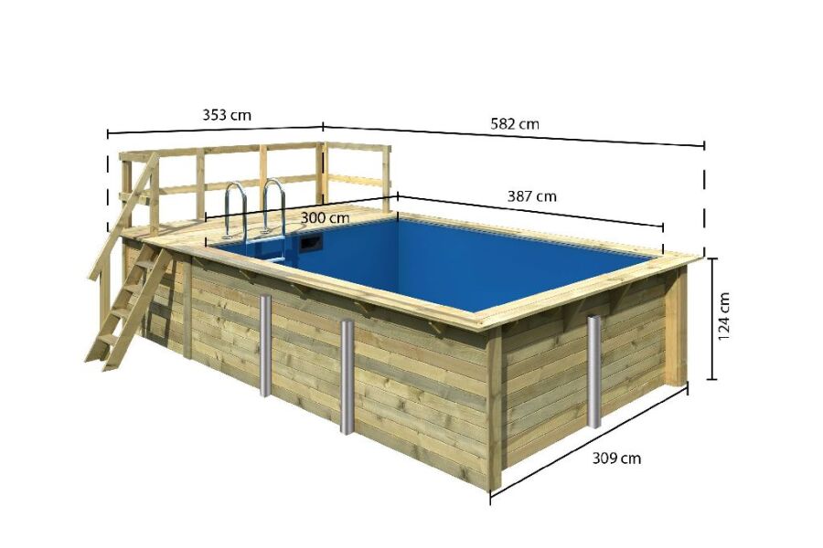 Karibu 44mm Rechteck Pool Modell Größe 2 inkl. Terrasse vor Kopf an der Seite 3,5 m breit