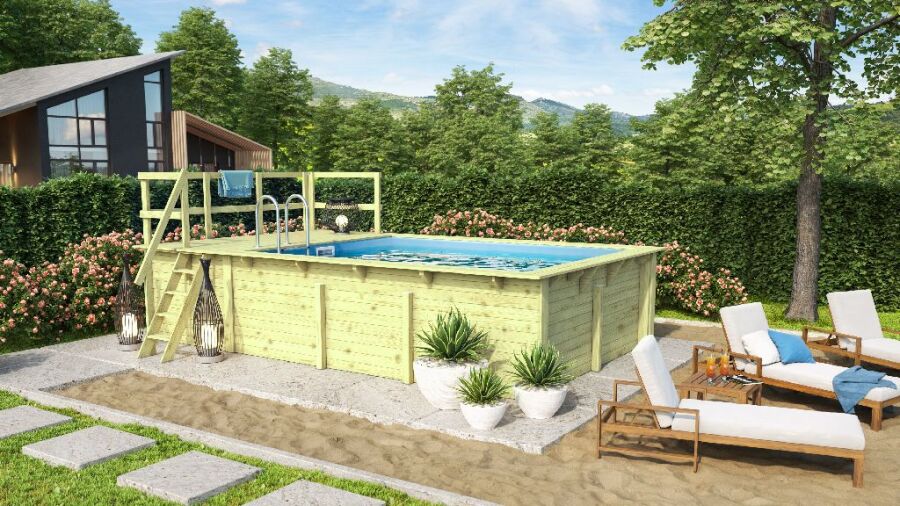 Karibu 44mm Rechteck Pool Modell Größe 2 inkl. Terrasse vor Kopf an der Seite 3,5 m breit