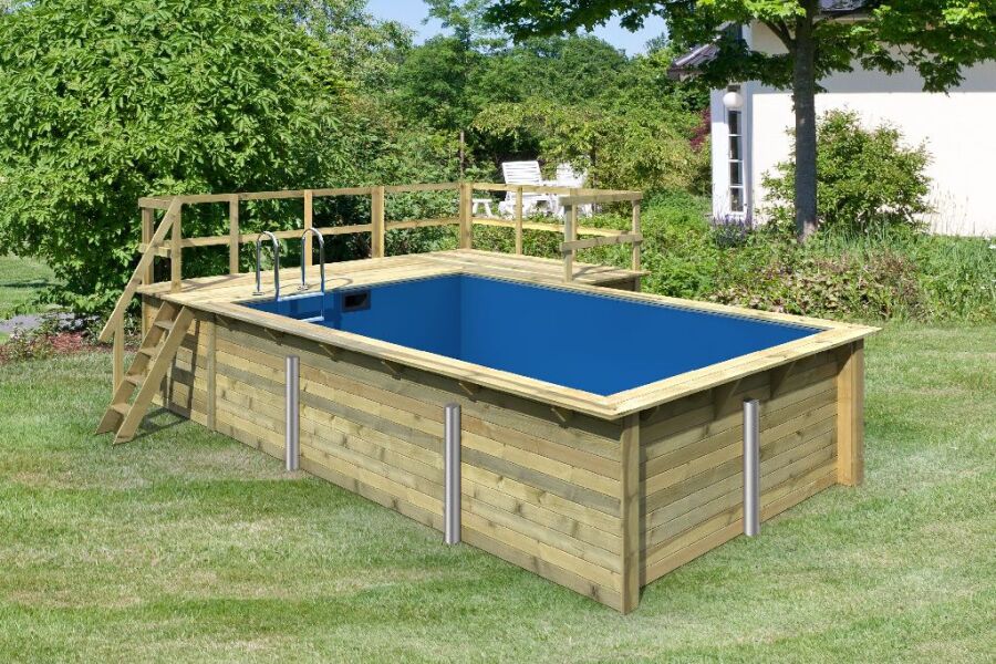 Karibu 44mm Rechteck Pool Modell Größe 3 inkl. Terrasse vor Kopf an der Seite 3,5 m breit+ Terrasse an der Seite