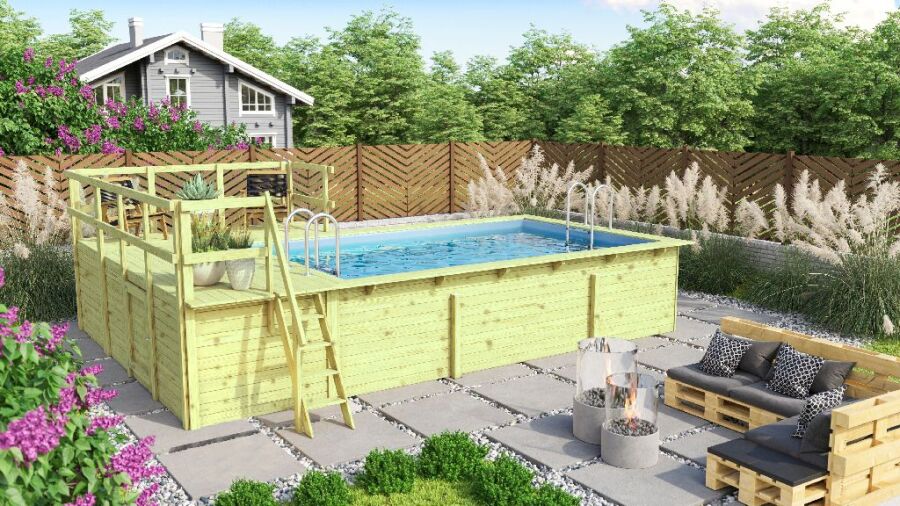 Karibu 44mm Rechteck Pool Modell Größe 3 inkl. Terrasse vor Kopf an der Seite 3,5 m breit+ Terrasse an der Seite