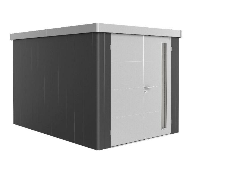 9003414850736 - Biohort Gerätehaus Neo 4B Variante 31 Doppeltüre Wandfarbe dunkelgrau-metallic Dach- und Türfarbe silber-metallic 236x348x222