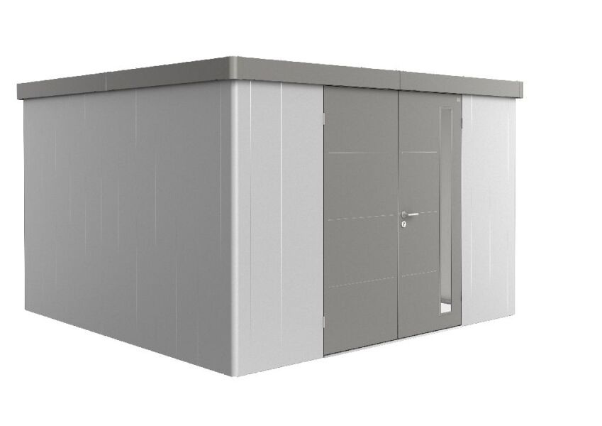 9003414820579 - Biohort Gerätehaus Neo 4D Variante 12 Doppeltüre Wandfarbe silber-metallic Dach- und Türfarbe quarzgrau-metallic 348x348x222