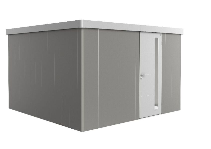 9003414890367 - Biohort Gerätehaus Neo 4D Variante 21 Standardtüre Wandfarbe quarzgrau-metallic Dach- und Türfarbe silber-metallic 348x348x222