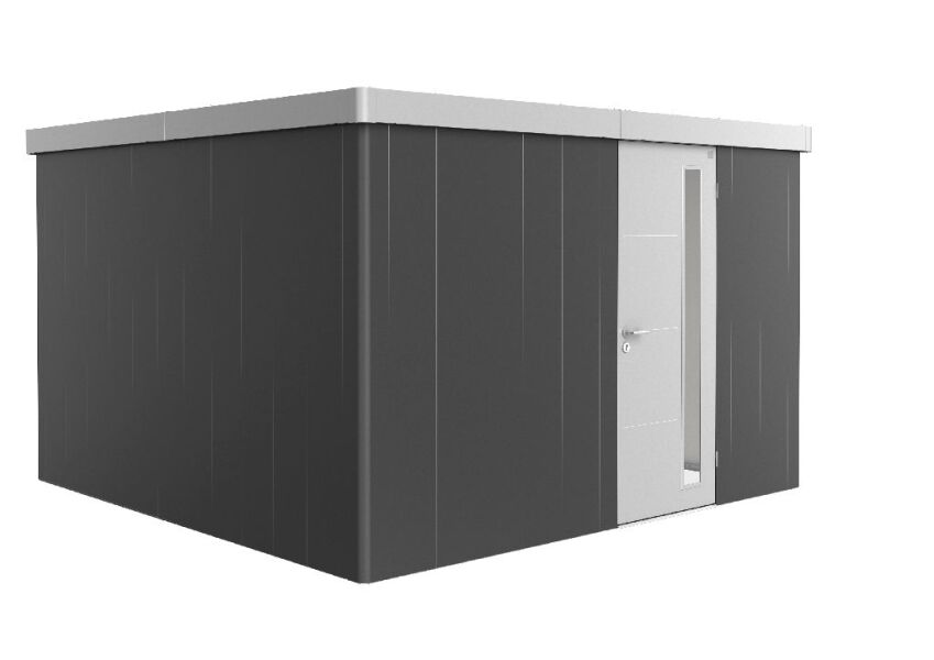 9003414860360 - Biohort Gerätehaus Neo 4D Variante 31 Standardtüre Wandfarbe dunkelgrau-metallic Dach- und Türfarbe silber-metallic 348x348x222