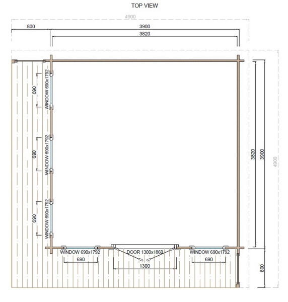 Gartenhaus MABEL (Version 1); 410x410 cm ISO (C); 40 mm Doppelnut; inkl. Boden und Terrasse