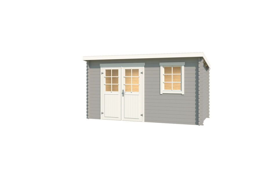 Gartenhaus AMIRA 175 400 x 195 cm; 28mm Blockbohlen; LICHT GRAU lackiert