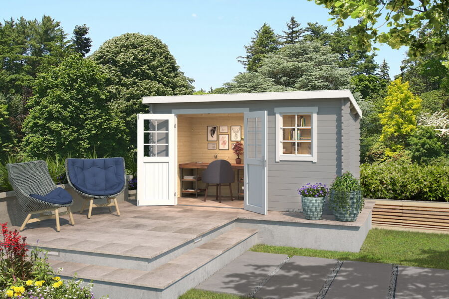 Gartenhaus AMIRA 175 400 x 195 cm; 28mm Blockbohlen; LICHT GRAU lackiert