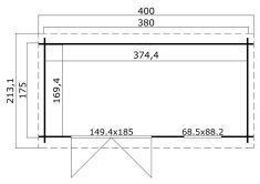 Gartenhaus AMIRA 175 400 x 195 cm; 28mm Blockbohlen; LICHT GRAU lackiert