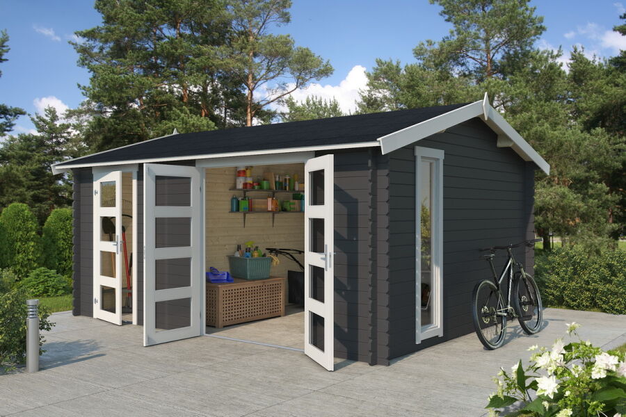 Gartenhaus CARROZ 2 476 x 380 cm; 28mm Blockbohlen; CARBON GRAU lackiert