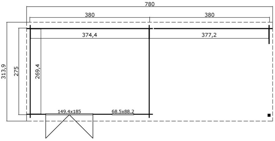 Gartenhaus RENO 780 x 295 cm, 28 mm, natur / farbig