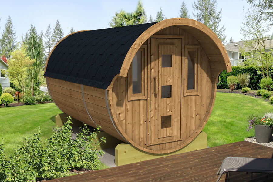 Saunafass Modell 204 x 330 cm inkl. Dachschindeln schwarz, Saunafass Bausatz, Thermoholz