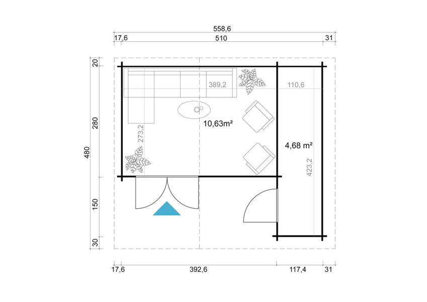 Gartenhaus LITTLE ROCK 530x450 cm, 34mm Blockbohlen, ohne Boden