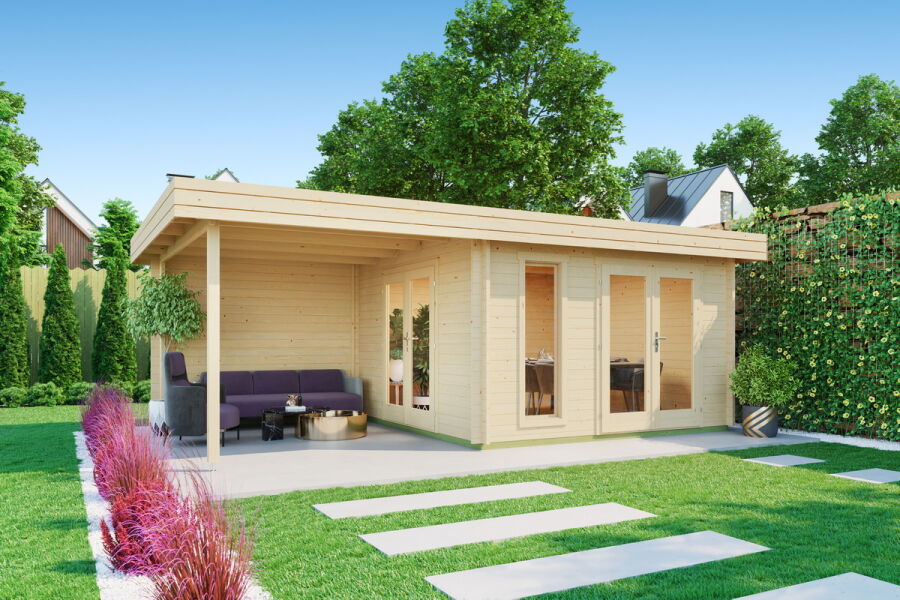 Gartenhaus ANDERS 652x380 cm, 44mm Blockbohlen, inkl. Boden und großes Schleppdach