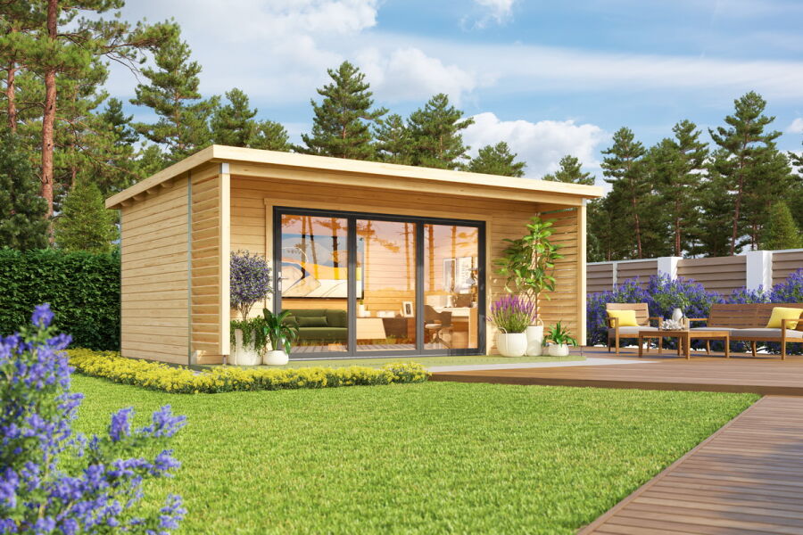 Gartenhaus LIVERPOOL 3, 550x300 cm, 44 mm Blockbohlen, inkl. Boden und 100cm Terrasse/Vordach, ISO-Verglasung und große Falttür