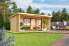 Gartenhaus LIVERPOOL 3, 550x300 cm, 44 mm Blockbohlen, inkl. Boden und 100cm Terrasse/Vordach, ISO-Verglasung und große Falttür