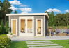 Gartenhaus RATZEBURG 1 terragrau 369x309cm, 40mm Doppelnut, Chrom Line Ecke, ohne Boden +AKTION+