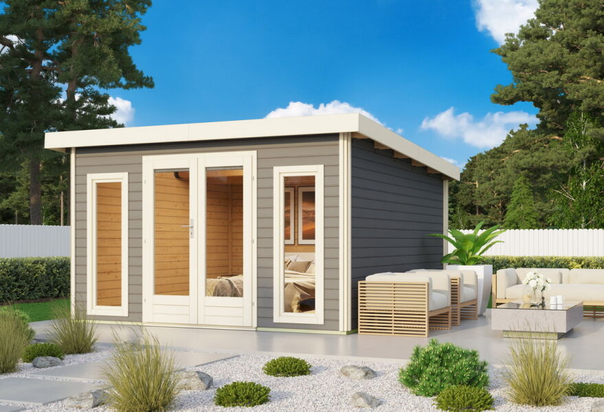 Gartenhaus RATZEBURG 2 terragrau 369x369cm, 40mm Doppelnut, Chrom Line Ecke, ohne Boden +AKTION+