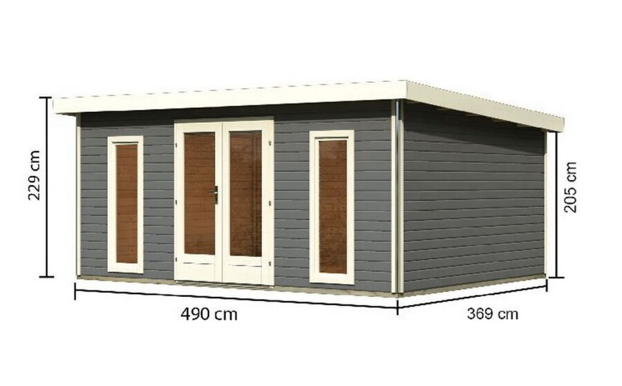 Gartenhaus RATZEBURG 3 terragrau 490x369cm, 40mm Doppelnut, Chrom Line Ecke, ohne Boden +AKTION+