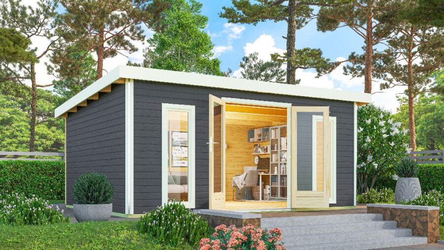 Gartenhaus RATZEBURG 3 terragrau 490x369cm, 40mm Doppelnut, Chrom Line Ecke, ohne Boden +AKTION+
