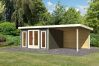 Gartenhaus RATZEBURG 1 terragrau 369x309cm im Set 3,3 m Anbaudach und Rückwand, 40mm Doppelnut, Chrom Line Ecke, ohne Boden +AKTION+