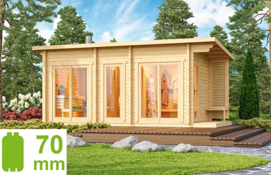 Saunahaus HALMAR 6 PLUS ISO 578 x274 cm; 70mm Doppelnut; inkl. Terrasse; inkl. Boden