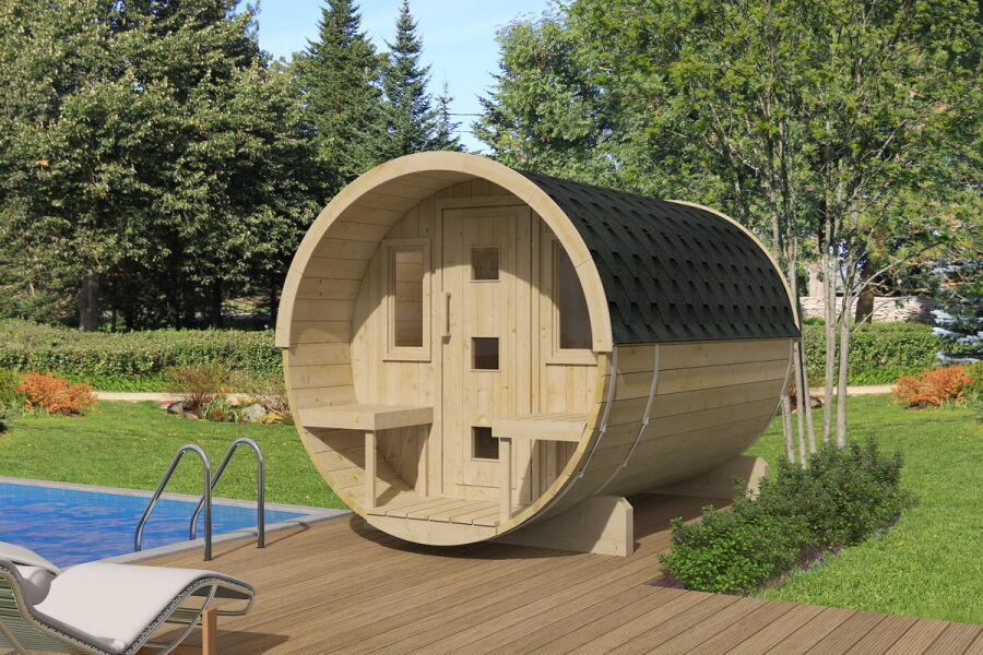 Saunafass Modell 205x300 cm mit 57cm Terrasse inkl. Dachschindeln schwarz, Saunafass Bausatz