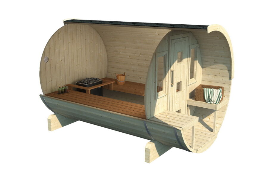 Saunafass Modell 205x300 cm mit 57cm Terrasse inkl. Dachschindeln schwarz, Saunafass Bausatz
