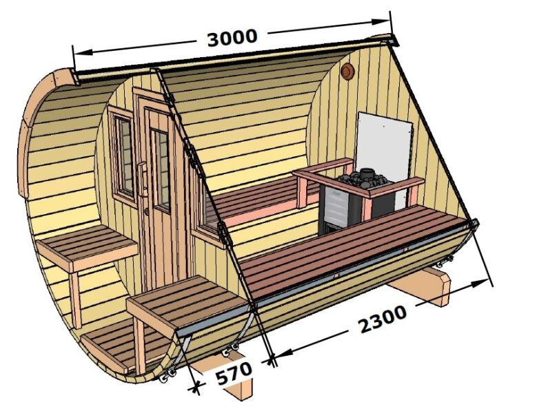 Saunafass Modell 205x300 cm mit 57cm Terrasse inkl. Dachschindeln schwarz, Saunafass Bausatz