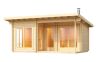 Saunahaus HAGEN PLUS ISO; 590 x370 cm; 70mm Doppelnut; inkl. Terrasse; inkl. Boden