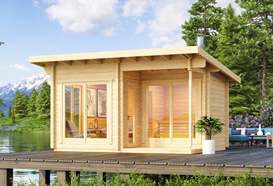 Saunahaus HAGEN MINI PLUS ISO 463 x370 cm; 70mm Doppelnut; inkl. Terrasse; inkl. Boden